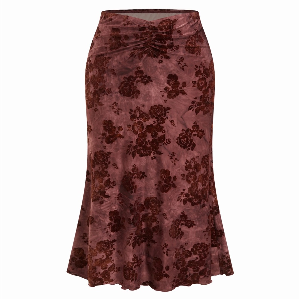 Cider Rose Brown Floral Velvet Midi Skirt